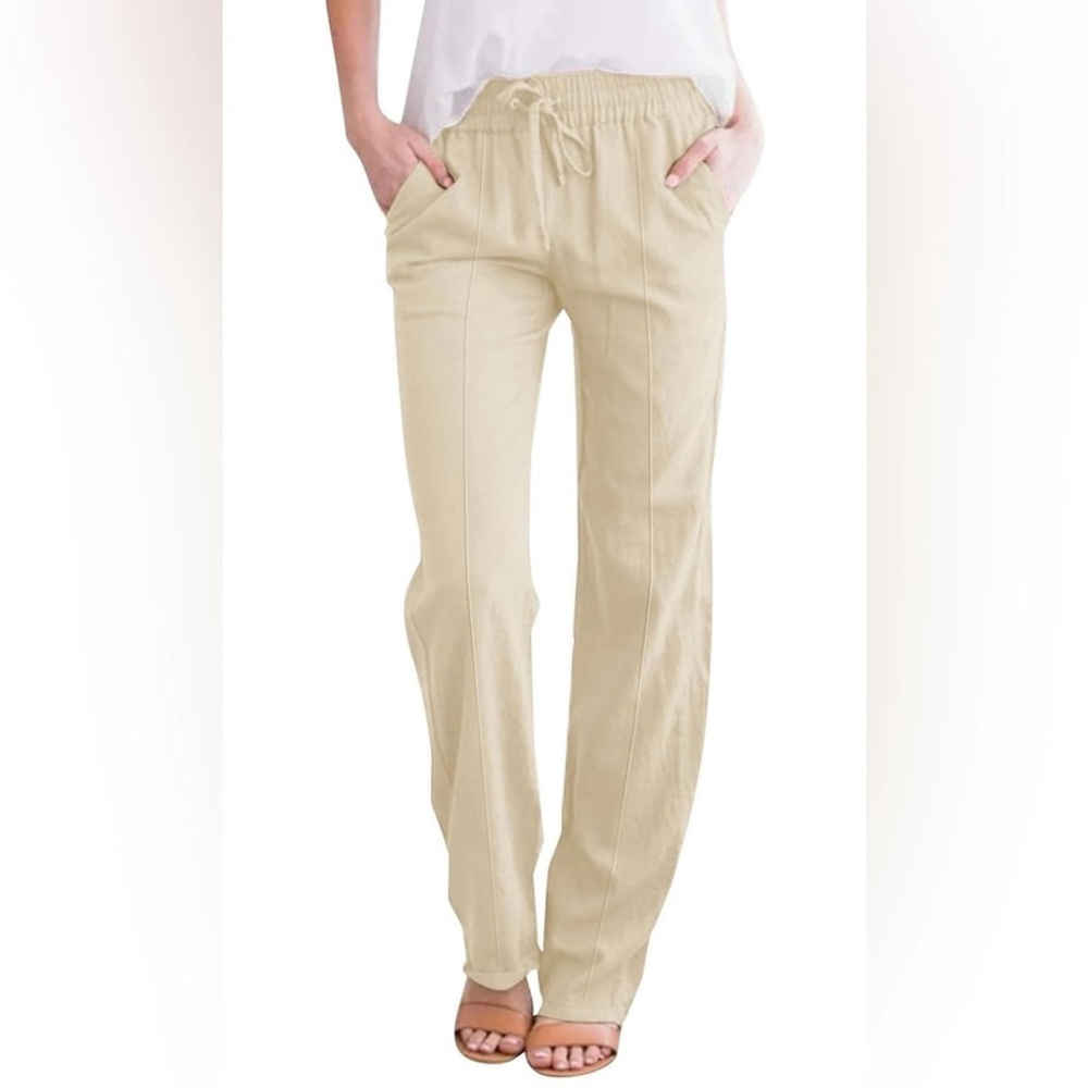 NEW Linen Blend Drawstring Casual Loose Wide Leg Lounge Beach Pants S 26/27”